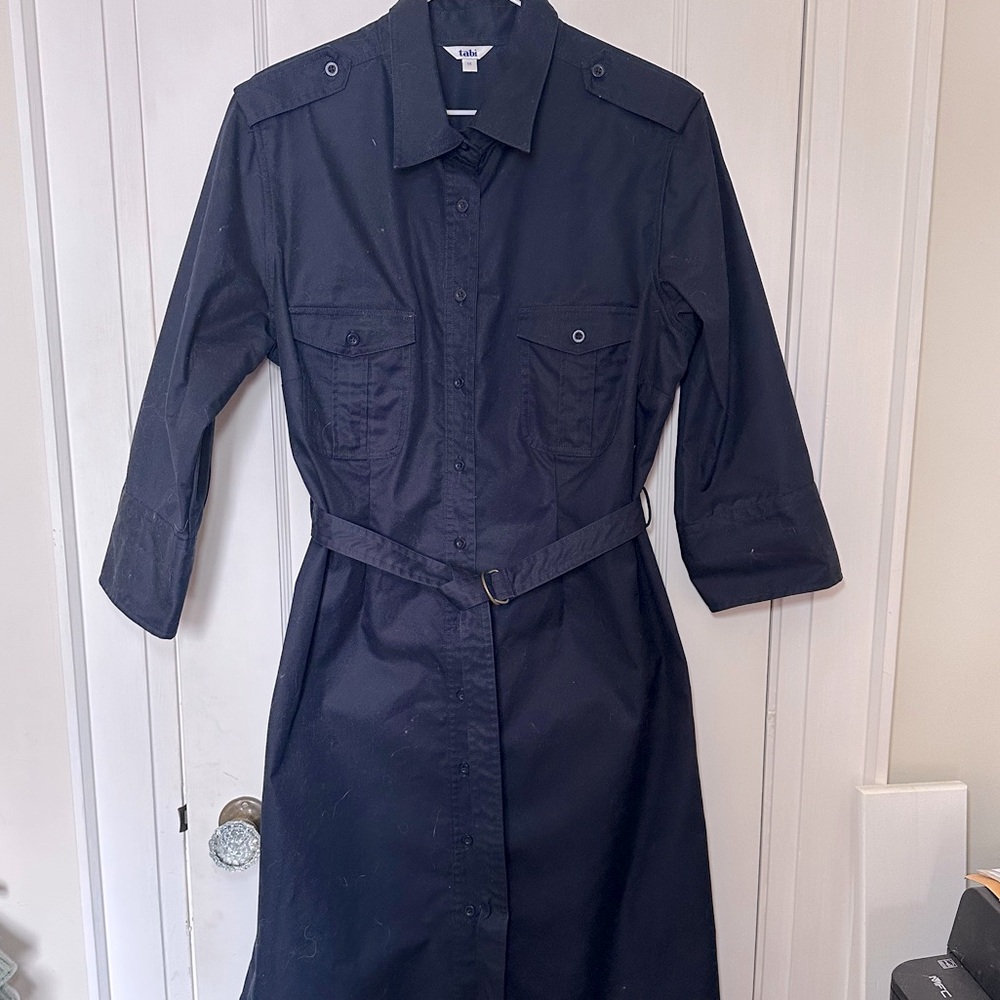 Navy Tabi 100% Cotton Midi Button Down Shirt Dress with Belt